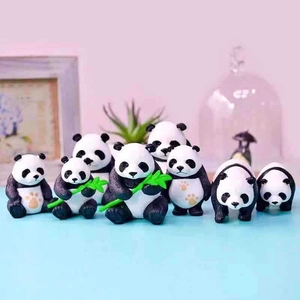 Set of 8 cute mini panda figurines in various poses with bamboo for micro landscape decor