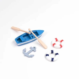 Kit paysage marin miniature avec bateau bleu, rames, ancre et bouées de sauvetage