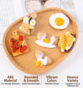 Macro detail of various food resin charms including eggs and bread on a wooden tray