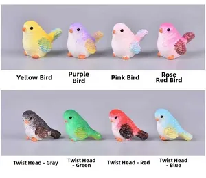 Set of 8 colorful resin miniature birds in stationary and head-turned poses for gardening