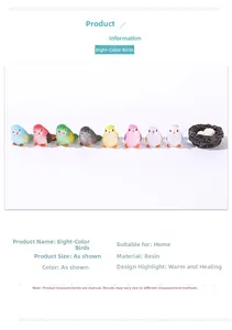 Detailed view of eight colorful resin bird figurines with a small nest for garden decor