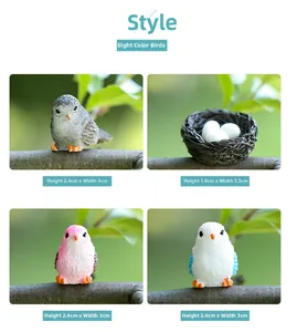 Detailed macro view of colorful resin bird figurines and nests for moss landscapes