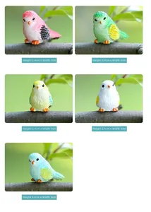Detailed size view of five colorful resin bird figurines measuring 2.4cm in height and 3cm wide