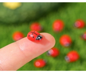 Macro shot of miniature wooden ladybugs on a finger for DIY fairy garden decor