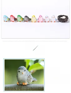 Detailed view of colorful resin bird miniatures and nests for succulent garden decor
