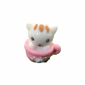 Miniature resin white cat in a pink teacup figurine for desktop micro landscape decoration