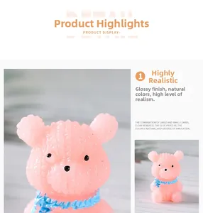 Macro shot of pink resin bear with blue scarf and detailed woven texture design