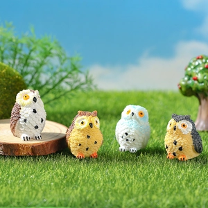 Set of four miniature resin owl figurines for moss landscape and succulent pot decor