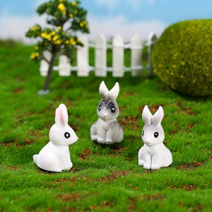 Three cute resin rabbit figurines set for miniature garden landscaping and bonsai decor