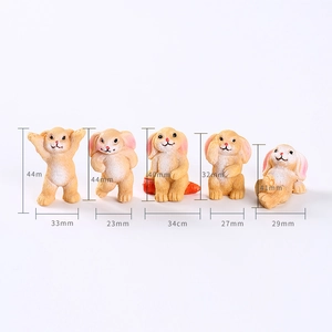 Miniature resin rabbit figurines in five playful poses with detailed size measurements