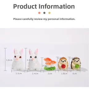 Miniature resin rabbit hedgehog and mushroom figures with clear size measurements for decor