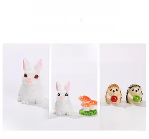 Miniature resin animal figurines featuring rabbits, hedgehogs, and mushrooms for home decor