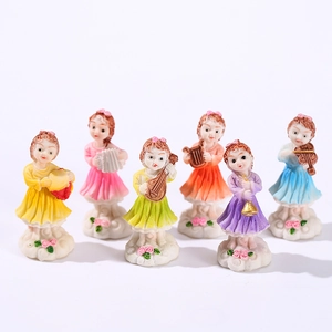 Set of 6 colorful resin flower fairy figurines playing musical instruments on cloud bases