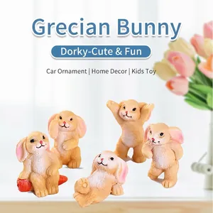 Set of five cute resin rabbit figurines in various playful poses for home or car decor
