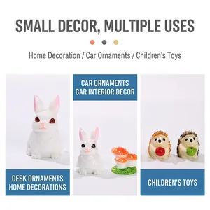 Miniature resin figurines set featuring cute rabbits, hedgehogs and orange mushrooms
