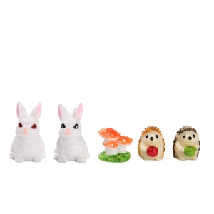 Cute resin miniature set including white rabbits, red mushrooms, and hedgehogs for succulents