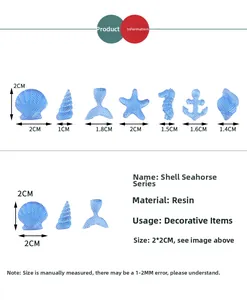 Detailed view of translucent blue resin starfish and sea creatures with size specifications