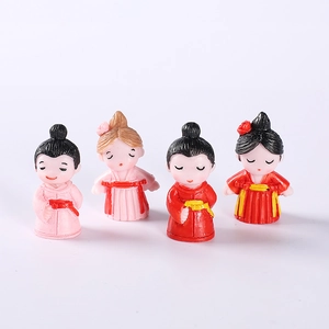 Set of four cute ancient Chinese style resin figurines in red and pink traditional attire