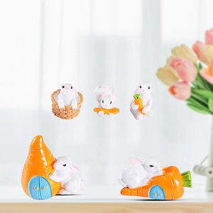 Five-piece set of cute resin rabbit and carrot miniature figurines for DIY fairy garden decor