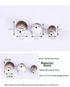 Three-piece set of resin hedgehog figurines with size dimensions for garden decor