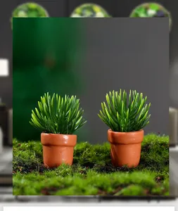 Macro detail of two miniature dollhouse potted plants on mossy landscape surface