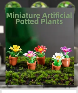 Set of 5 colorful dollhouse mini potted plants on green moss for micro landscape decor