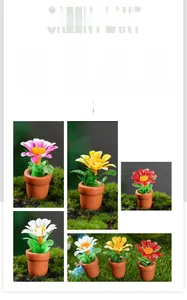 Detailed view of miniature colorful daisy pots with realistic brown ceramic pots