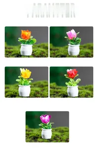 Detailed view of colorful miniature tulip bonsai models for dollhouse decoration