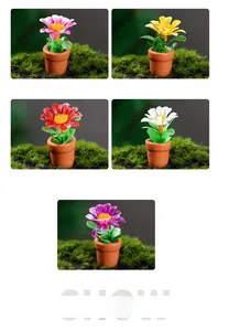 Macro detail of five colorful dollhouse miniature daisy potted plants on moss background
