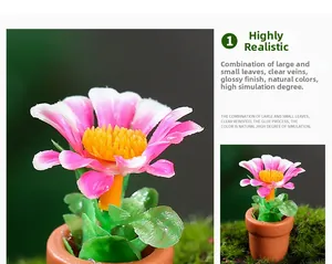 Detail of miniature dollhouse daisy plant showing realistic glue-coated leaf texture