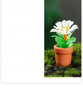 Detailed view of dollhouse miniature daisy plant in a tiny terracotta pot for gardening