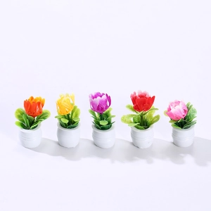 Five-piece set of miniature dollhouse potted plants with colorful flowers in white pots