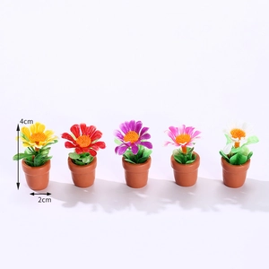 Set of five colorful miniature dollhouse potted plants with realistic resin clay finish