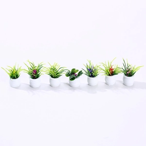 Set of 7 miniature dollhouse plants with green leaves and colorful flowers in white pots