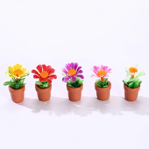 Set of five miniature colorful dollhouse potted plants with realistic resin flowers