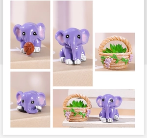 Detailed views of miniature purple resin elephants in various poses and a small flower basket