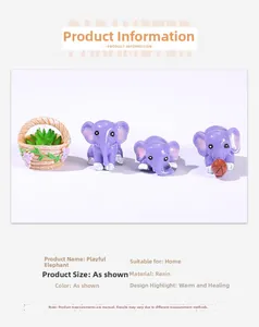 Detail view of 4-piece purple resin miniature elephant figurines with a small basket
