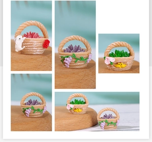 Detailed views of miniature resin flower baskets with rabbits and roses for bonsai