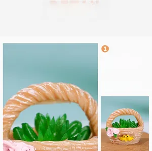 Macro shot of miniature resin flower basket with realistic green succulents and small bird