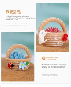 Detail of miniature flower baskets with succulents, bendable wire and woven texture