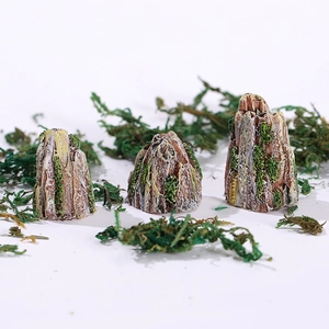Three-piece set of miniature resin mountain rocks with green moss for aquariums