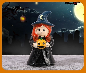 Detailed view of resin Halloween miniature witch holding pumpkin for DIY globes