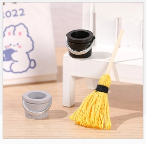 Miniature broom and buckets set for dollhouse kitchen and micro landscape scenes