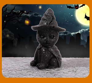 Detail of miniature Halloween black cat wearing a wizard hat on a spooky background
