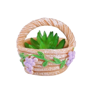 Miniature resin flower basket ornament with succulent plants for DIY fairy garden scenery