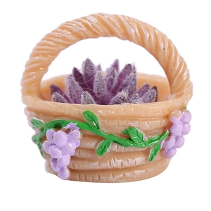 Miniature resin flower basket ornament with succulent and grape detail for DIY micro landscape