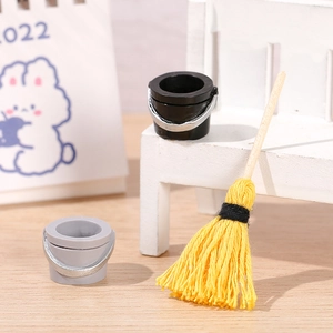 Miniature cleaning tool set with wooden broom and buckets for dollhouse scenery