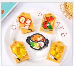 Detailed resin magnets featuring miniature fruit cutting boards and hotpot food models