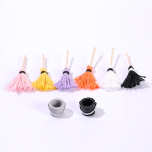 Miniature dollhouse cleaning set with 6 colorful mini brooms and 2 small plastic buckets