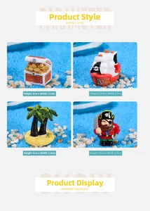 Detailed four-view set of miniature pirate ship, treasure chest, and resin palm tree decor